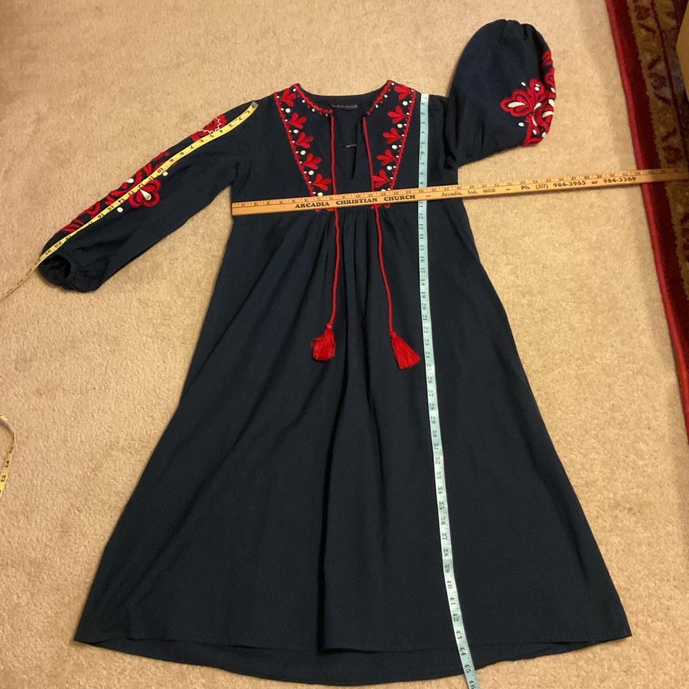 Zara Woman Boho Navy Blue Red Embroidered Tunic Long Sleeve Midi Dress Women’s L - Picture 4 of 14